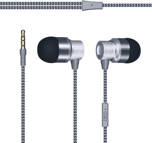 Coby Noise Isolating Metal Wired Earbuds | Wired Headphones w/Built-in Microphone for Ear Buds | Noise Canceling Headphones S/M/L Ear Gels (Silver...