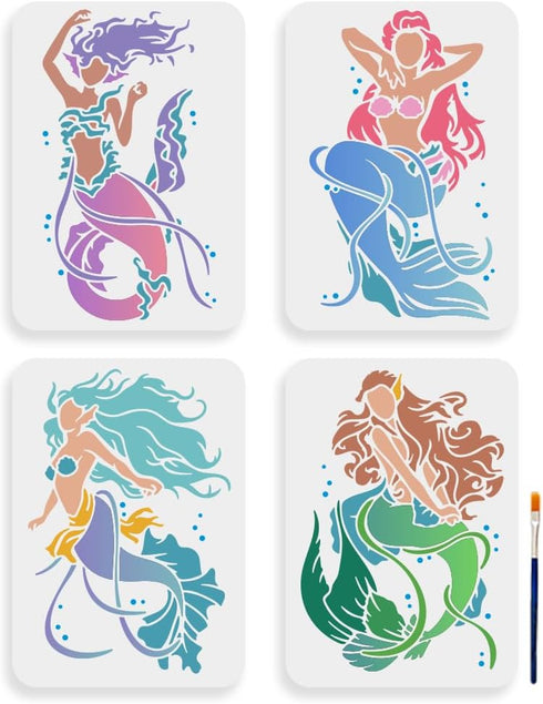 4pcs Mermaid Stencil 11.7×8.3inch Large Sea Ocean Creatures Stencils with Paint brush Dreamy Sea Life Stencils Drawing Template for DIY Craft Furn...