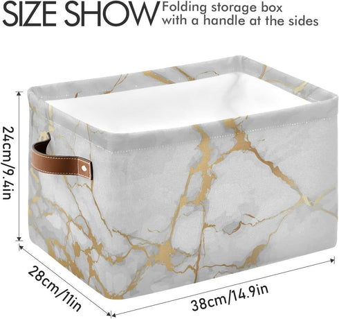White Gold Marble Storage Basket Bin Large Fabric Toys Storage Cube Box with Handles Collapsible Closet Shelf Cloth Organizer Basket for Nursery B...