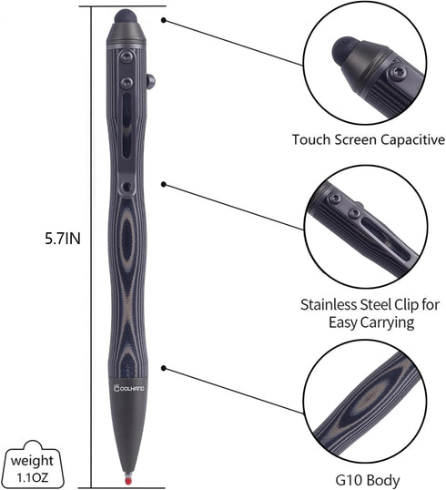 Cool Hand 5.7'' Bolt Action Pens, EDC Ballpoint Ink Refillable, Stylus for Touch Screen, G10 Body w/Pocket Clip, Ergonomic Grip, with a Free Refil...