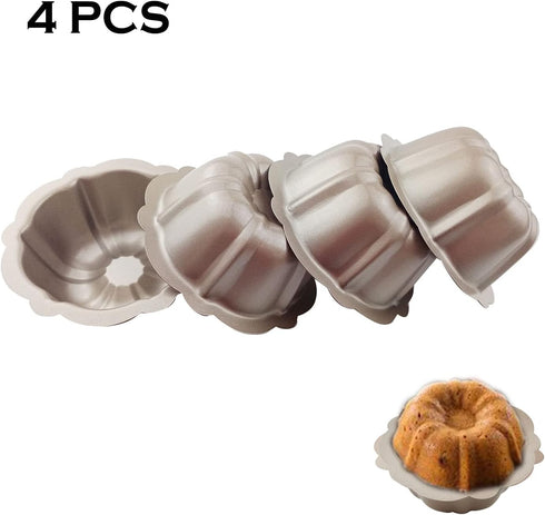 4 Inch Nonstick Mini Bundt Cake Pan, Set of 4 for Baking, Carbon Steel Fluted Cake Pans, Metal Round Pumpkin Shaped Cake Mould for Cupcake, Muffin...