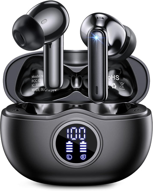 Bluetooth Headphones 5.3 Stereo Wireless Earbuds, 50 Hours of Playback with LED Display in-Ear Ear Buds with 4 Microphones IPX7 Waterproof Earphon...