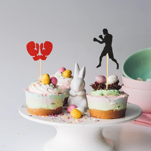 48Pcs Black Red Glitter Boxing Gloves Boxer Cupcake Toppers Fitness Cupcake Picks Boxer Birthday Party Decorations...