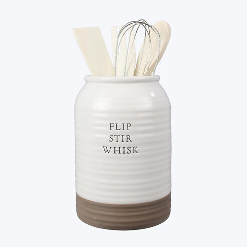 Young's Inc Ceramic Utensil Kitchen Caddy w/ 4 Utensils - Flip Whisk, Stir - Farmhouse Country Decor...