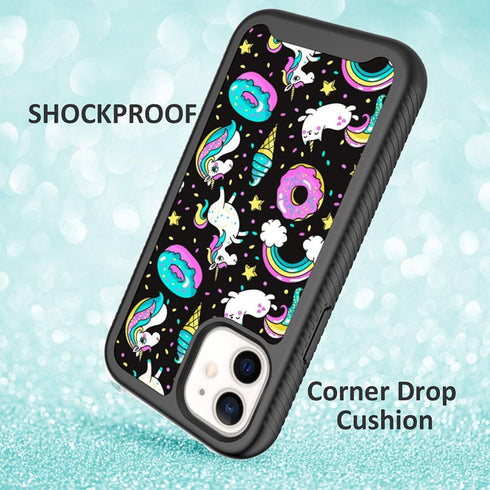 Compatible with iPhone 12 Mini, Rainbow Unicorn Black Pattern Dual Layer Heavy Duty Shockproof Shockproof Defender Transparent Bumper Back Cover P...