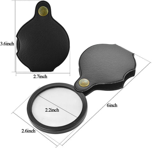 6X Mini Pocket Magnifying Glass Folding Pocket Magnifier Loupe with Rotating Protective Holster Leather Pouch for Reading,Science Class,Hobby (Bla...