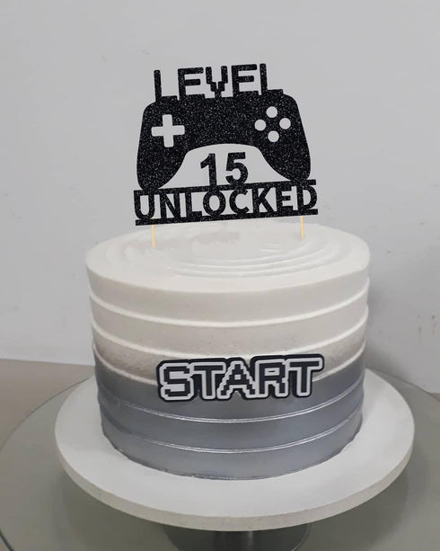 Level 15 Unlocked Cake Topper, Video Game Cake Topper, Game Controller Cake Topper for 15th Birthday Party Decoration...