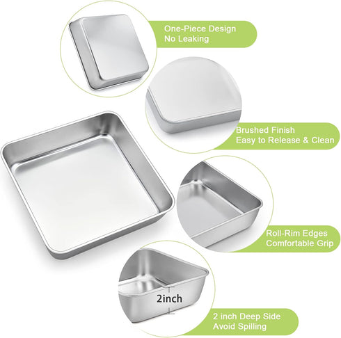 TeamFar Square Cake Pan, 9 Inch Stainless Steel Square Baking Roasting Pan for Cake Brownie Lasagna, Non-Toxic & Heavy Duty, One Piece Design & Sm...