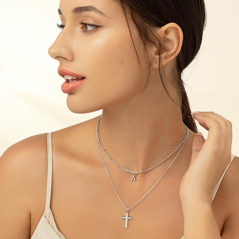 ZENI Dainty Cross Necklaces for Women, White Gold Plated Layered Chain Initial A Pendant Choker Necklace, Cubic Zirconia Cross Christian Faith Jew...