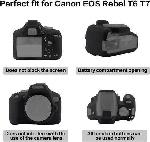 Soft Silicone Camera Case Cover for Canon Rebel T6/1300D, T7/1500D DSLR - Black with Button Marking...