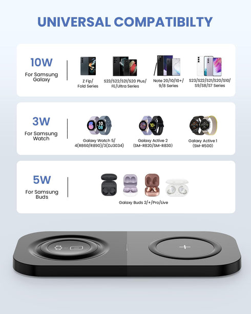 Wireless Charging Pad, 2 in 1 Wireless Charger for Samsung Galaxy S23/S22/S21/S20/S10/Note20/10, Galaxy Watch 5/4/3/, Active 2/1, Galaxy Buds 2/+/...