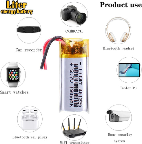 3.7V Lipo Battery 120mAh Rechargeable Lithium ion Polymer Battery 401230 Lithium Polymer ion Battery with Two Lines...