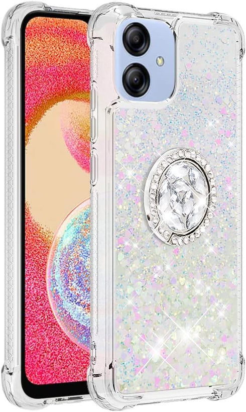 Phone Case for Samsung Galaxy A04E /A03/M04/F04,Shockproof Clear Quicksand Glitter with Bling Diamond Ring Stand,Cute Women Girls Case for Galaxy ...