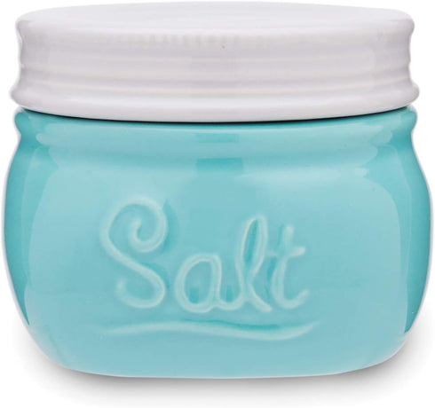Fox Run Vintage Style Mason Jar Salt Cellar, Blue Ceramic with White Lid, 1 Cup Capacity...