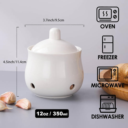 12 OZ Garlic Keeper with Lid, Porcelain Garlic Container Saver for Countertop (White 12 OZ)...