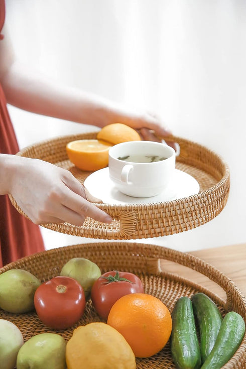 HITOMEN 11.8'' Hand-Woven Round Rattan Serving Tray Decorative Wicker Trays with Handles for Coffee Table (Natural-M)...