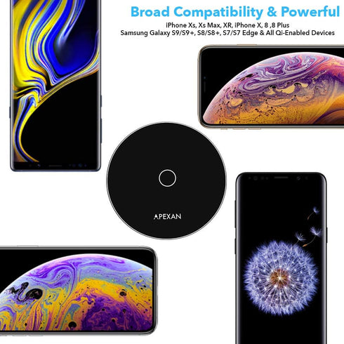 Apexan Fast Wireless Charger Compatible for Apple iPhone 13. 12, 11/Pro/Pro Max, X, XS, XS Max, iPhone XR, 8/8 Plus and All Qi Cell Phones| Qi Fas...