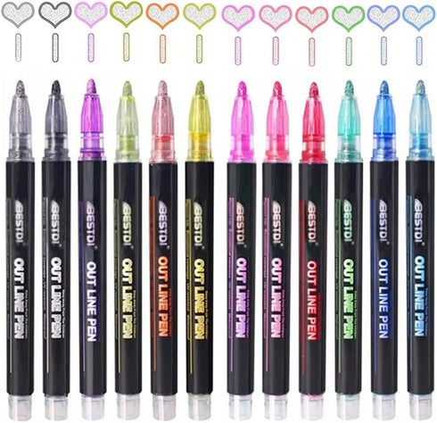Shimmer Marker Set,12 Colors Super Squiggles Outline Marker Set, Outline Metallic Markers Glitter Markers Pens for Christmas Card Writing, Birthda...