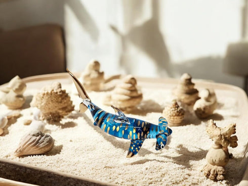 Tiny 3?" Gold Dotted Blue Hammerhead Shark Figurine - Miniature Hand Blown Glass Sharks Marine Sea Life Ocean Fish Small Crystal Animal Decorative...