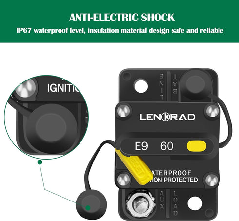 LENKRAD 60 Amp Marine Boat Circuit Breaker Resettable 60A with Manual Reset Switch Button for Trolling, RV, Yacht, 12V - 48V DC, Waterproof, Surfa...