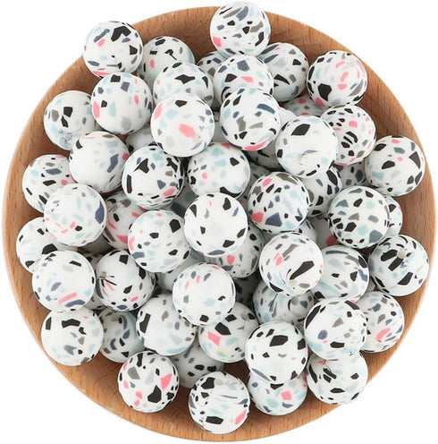 50Pcs Silicone Printed Beads 15mm, Leopard Cow Animal Print Beads, Flower Leaves Plaid Beads, Loose Round Silicone Spacer Beads, for Adults DIY Cr...