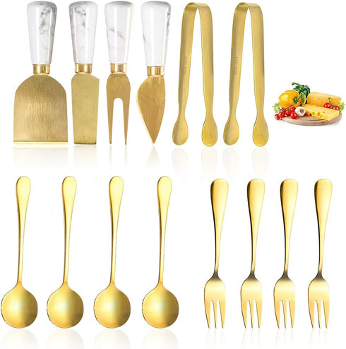 Funland 14 PCs Gold Cheese Knife Set, Marble Cheese Spreaders Knife Butter Slicer with Mini Serving Tongs Spoons and Fruit Forks for Charcuterie B...