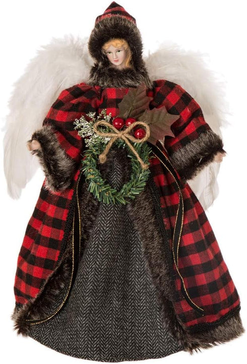 Glitzhome Handmade Plaid Angel Figurine Christmas Treetop Ornament Decoration 12" H - Red & Black...