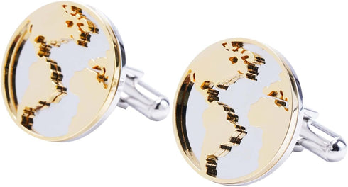 World Map Cufflinks - 3D Cut Stainless Steel with Gold Accents (Cufflinks Box Included)...