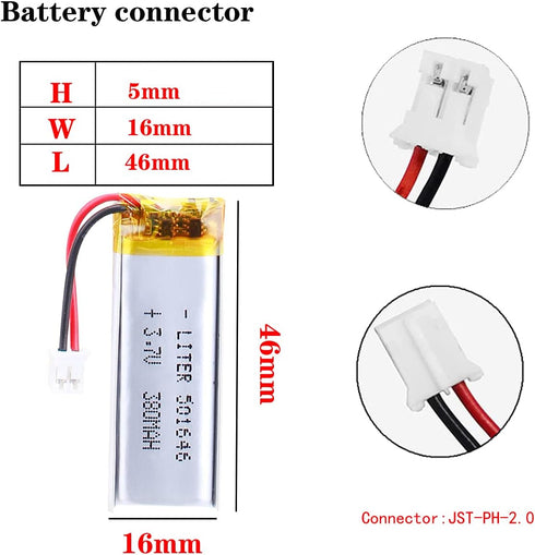 3.7V Lipo Battery 380mAh Rechargeable Lithium ion Polymer Battery 501646 Lithium Polymer ion Battery with JST Connector...