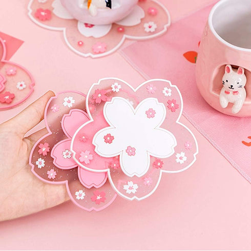 Sakura Coffee Cup Mat Kawaii Coaster 2PCS Cute Cherry Blossom PVC Home Tea Mug Pink Flower Pattern Anti-Skid Pot Bowl Pad Placemat for Desk Drink ...