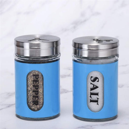 Salt and Pepper Shakers Stainless Steel and Glass Set with Adjustable Pour Holes (Blue)...