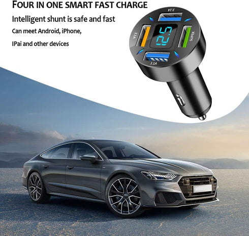 66W Fast Car Charger, 4-Port USB, Smart Power Charger Adapter with Voltmeter, Compatible Most Smartphones...