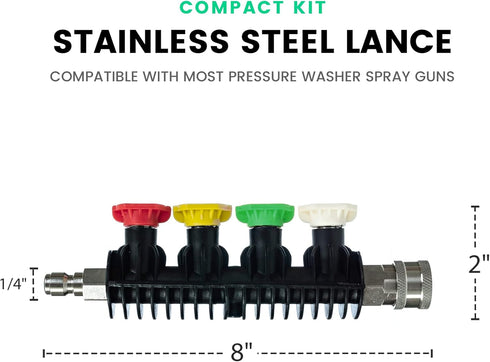 Mini Grip Quick Connect Stainless Steel Lance with Nozzle Holder and 4 Pressure Washer Nozzles - Great for Car Washing, Patio Cleaning, Exterior W...