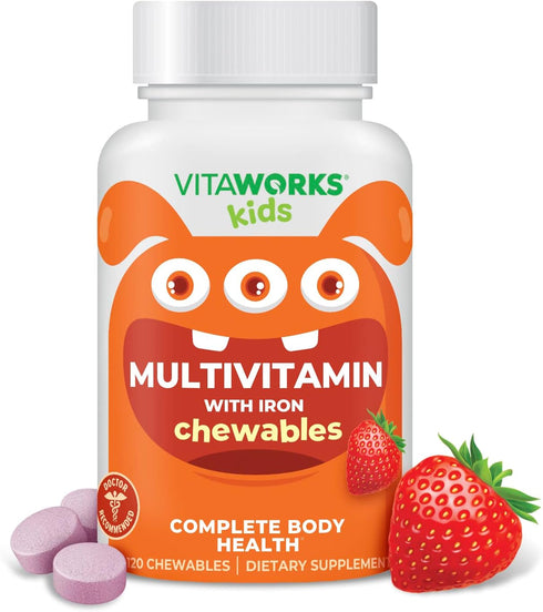 Kids Multivitamin with Iron & Minerals Chewable Tablets - Mixed Fruit Flavor - Vegetarian, GMO-Free, Nut Free - Dietary Supplement - Digestive Sup...