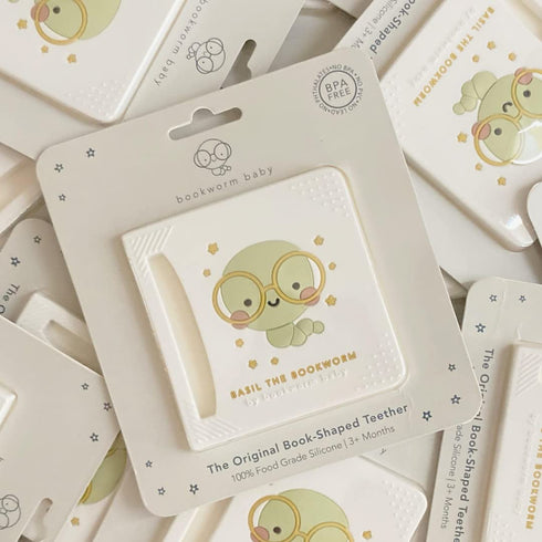Basil The Bookworm Baby Teether - Premium BPA Free Silicone Teething Toy | Perfect for Baby Showers | Unique Book-Shaped Design | Freezer & Dishwa...