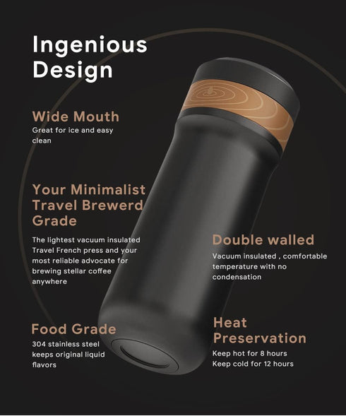 The Original Portable French Press Stainless Steel Coffee Maker Premium Vacuum Insulated Travel Mug Hot & Cold Brew French Presses (Black upgraded...