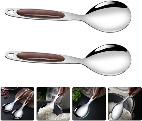2pcs Stainless Steel Rice Spoon Rice Cooker Dishes Condiment Spoon Soup Rice Ladle Spoon Rice Serving Spoon Rice Scooper Asian Spoons Kitchen Scoo...