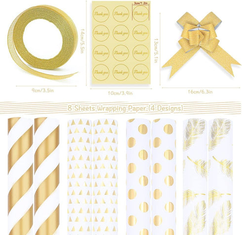 Gift Wrapping Supplies,8 Sheets White Gold Gift Wrapping Paper with 10 Pull Bows 24 Yard Glitter Ribbon and 12 Thank You Lable Sticker for Birthda...