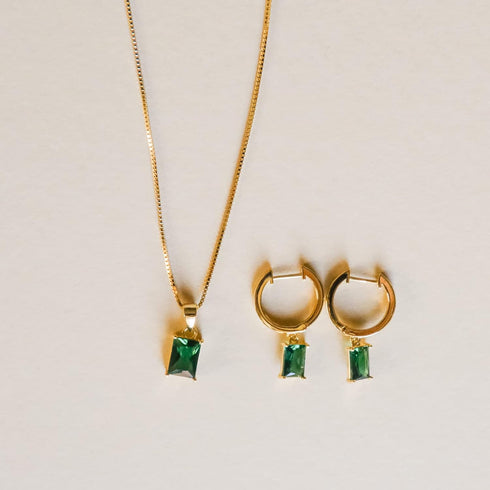 espere Baguette CZ Pendant Necklace | 14K Gold Plated Sterling Silver | Emerald Baguette Pendant Dainty Box Chain Necklace 18''...