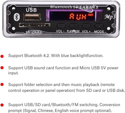 MP3 WMA Decoder Board Audio Wireless Bluetooth 4.2 Module 12V, USB/SD Card/Bluetooth/FM Switching Support......