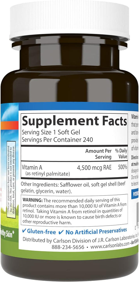 Carlson - Vitamin A, 15000 IU Palmitate (4500 mcg RAE), Vision Health & Healthy Skin, Immune Function, 240 Softgels...