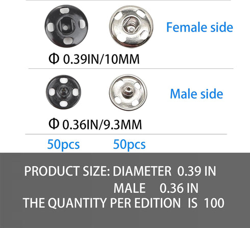 Meikeer 100 Sets Sew on Snaps Sewing Snaps for Fabric Metal Snaps Fasteners Press Studs Buttons for Sewing, Black and Silver(10mm)...