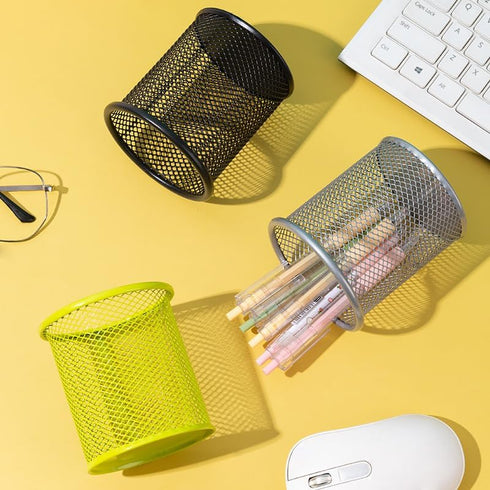 AKOAK 1 Count Desktop Pen Holder, Creative Grid Metal Pen Holder, Round Desktop Accessory and Workspace Organizer for Home, School and Office (Sil...