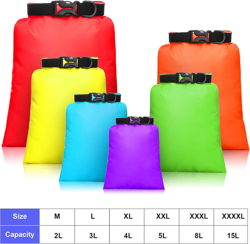 Waterproof Dry Bag Set 15 L+ 8 L +5 L+4 L+3 L+ 2 L Lightweight Sacks and Long Adjustable Shoulder Strap for Kayaking, Rafting, Boating, Hiking, Ca...