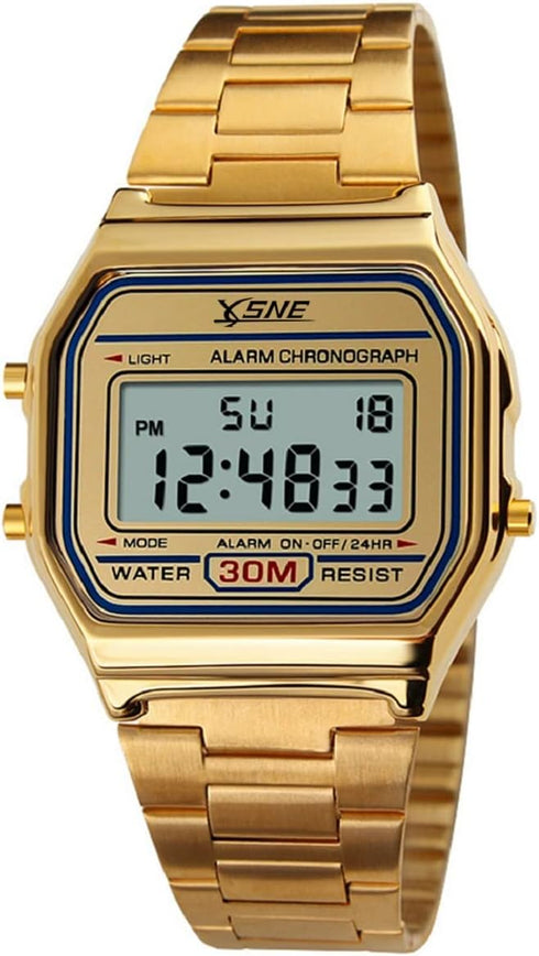 Digital Sports Watch Men's Women Water Resistant Outdoor Stainless Steel Band Electronic Square LED Back Light Classic Wristwatch Gold 1123...
