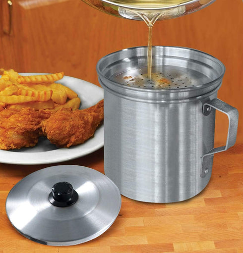 Bene Casa - Fine Filter Aluminum Oil Strainer and Dispenser (1 Quart) - Includes Stay-tight Lid and Long-grip Handle - Dishwasher Safe...