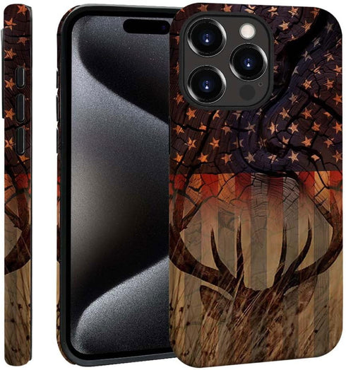 DJSOK Case Compatible with iPhone 15 Plus,Creative Wood Grain American Flag Deer Phone Case Colorful Fall Protection Shell Hybrid 2-Layer Hard She...