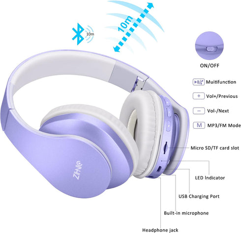 ZIHNIC Bluetooth Headphones Over-Ear, Foldable Wireless and Wired Stereo Headset Micro SD/TF, FM for Cell Phone,PC,Soft Earmuffs &Light Weight for...