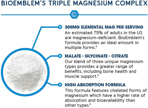 BioEmblem Triple Magnesium Complex | 300mg of Magnesium Glycinate, Malate, & Citrate for Muscles, Nerves, & Energy | High Absorption | Vegan, Non-...