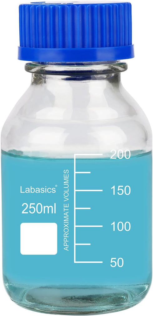 Round Media Storage Bottles with GL45 Blue Screw Cap, Borosilicate Glass Clear Wide Mouth Graduated Round Reagent Media Storage Lab Glass Bottle, ...